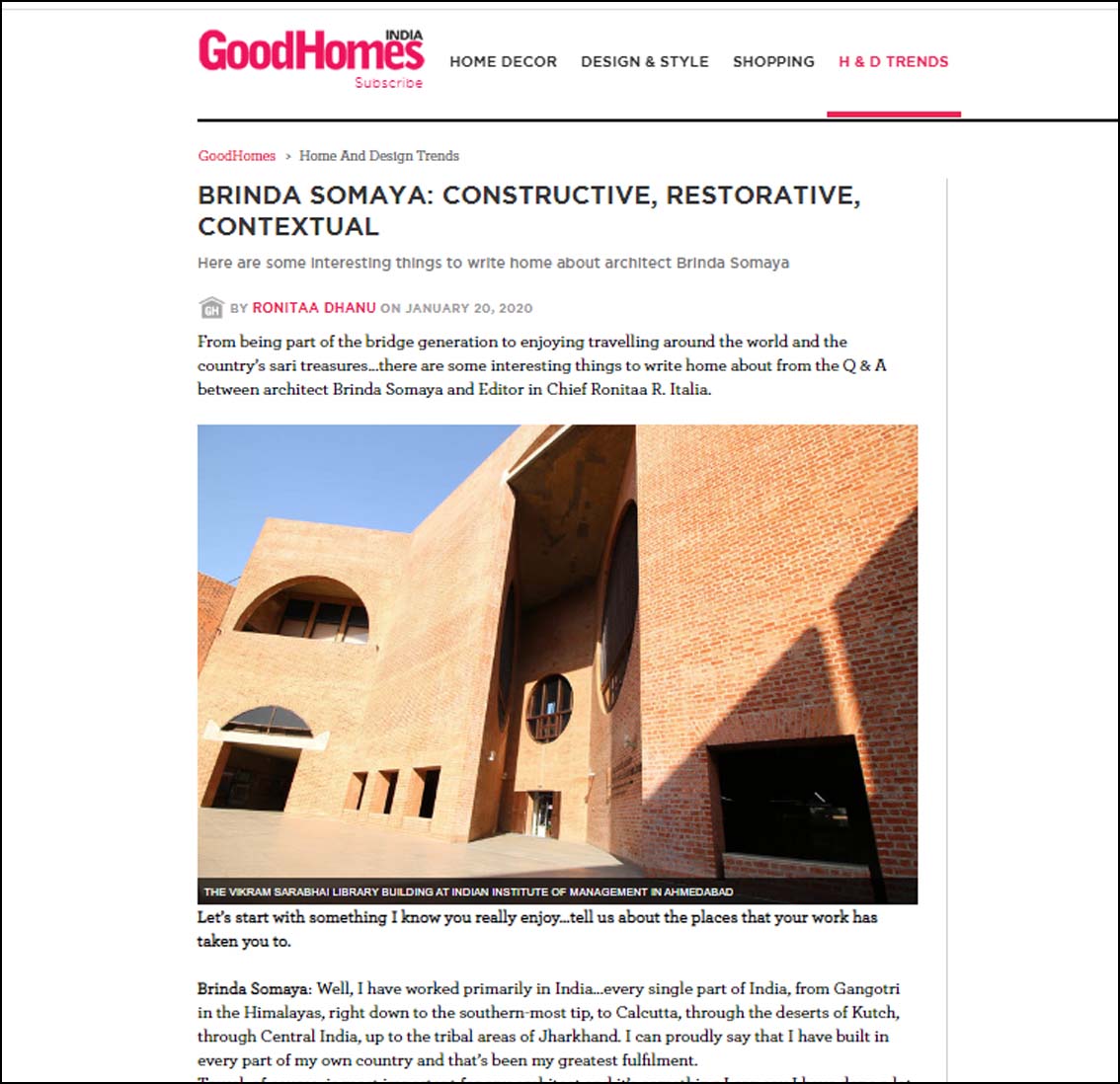 Brinda Somaya : Constructive, Restorative, contextual, Good Homes India - January 2020